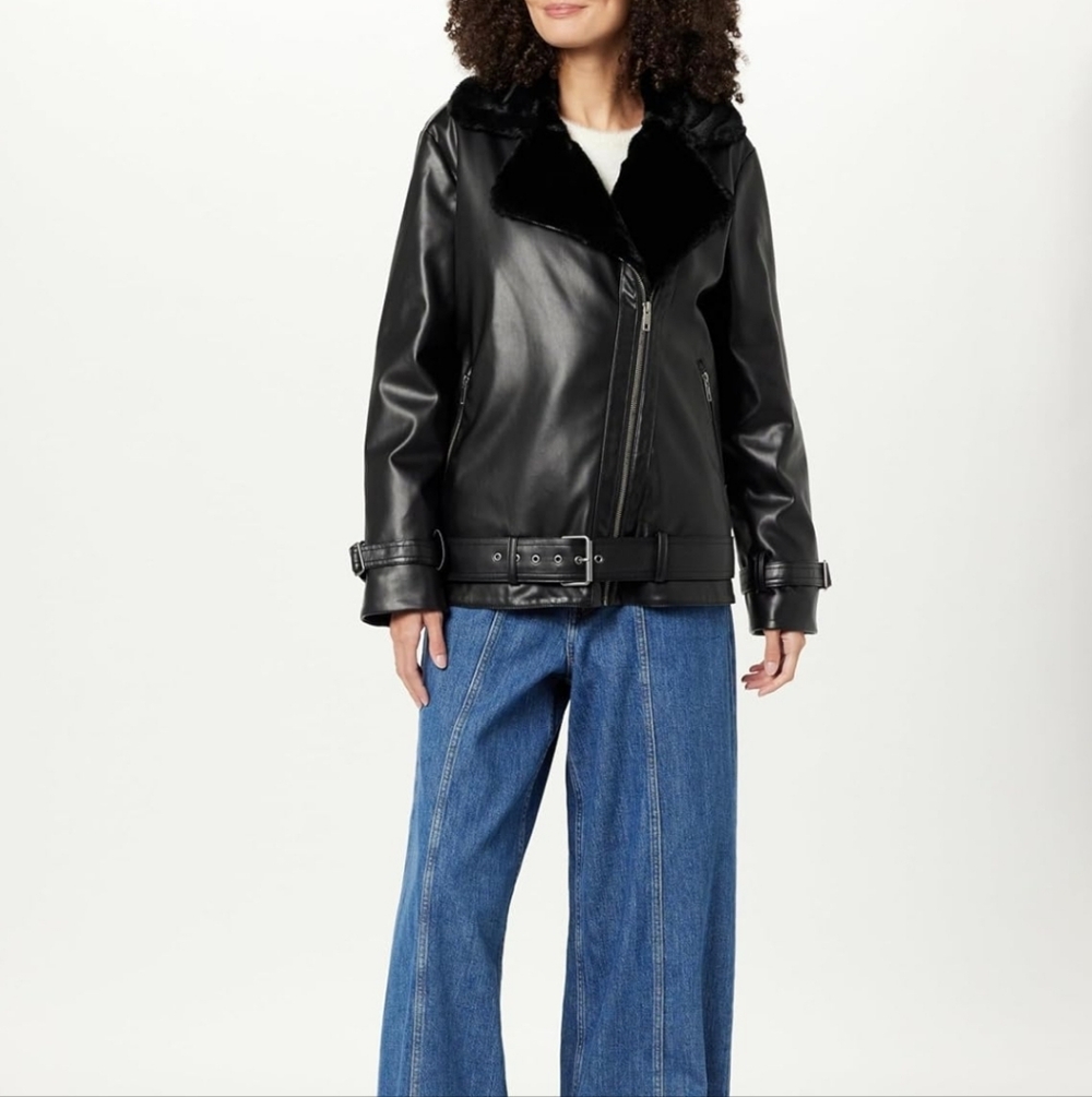 The Drop Faux Fur And Faux Leather Bomber NWT Black Size XS